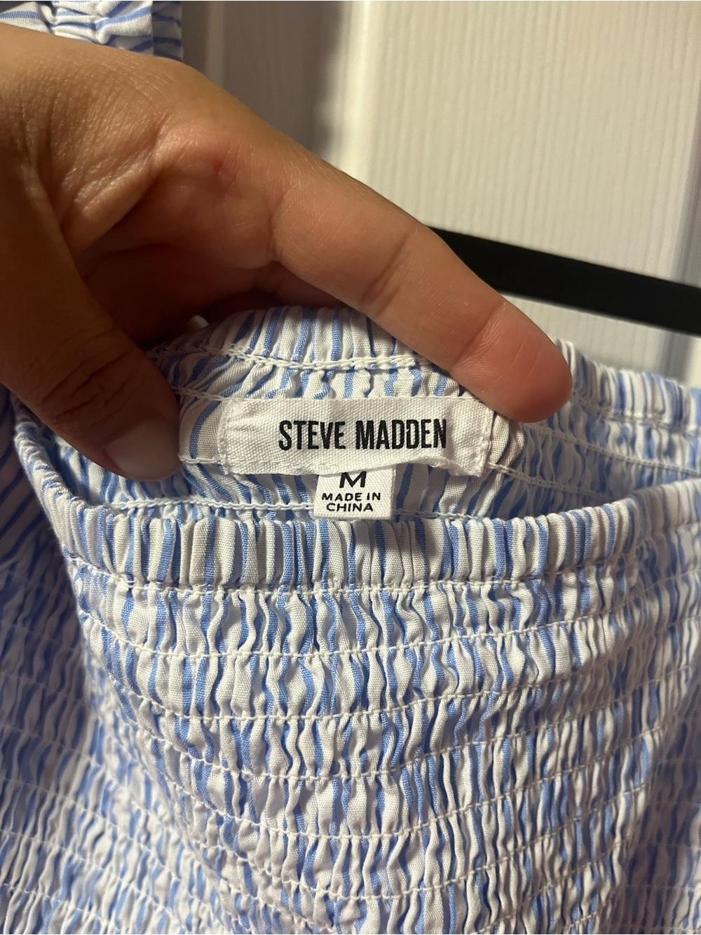 Steve Madden Blue & White Striped Smocked Puff Sleeve Top - Picture 2 of 5
